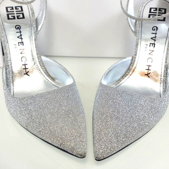 NWT$825 Givenchy Logo Ankle-Strap Silver Glitter Leather Pumps 100 Heels Sz 9 - Picture 14 of 16